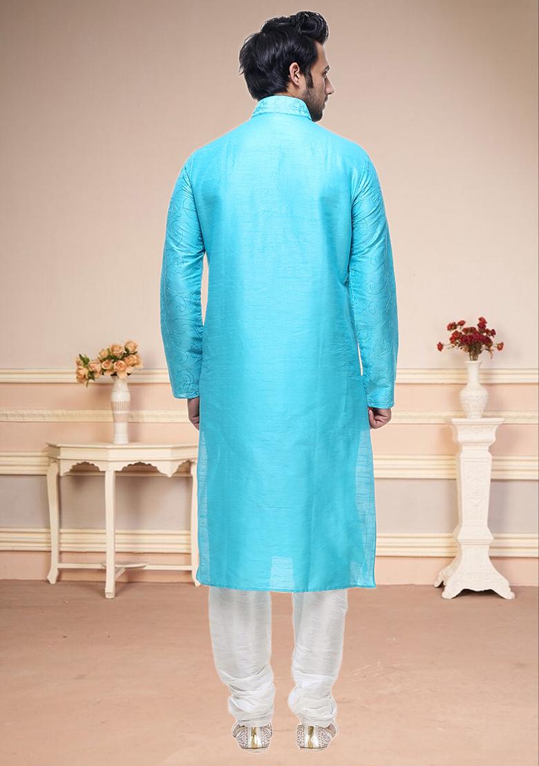 Firozi Blue Embroidered Silk Kurta Set For Men