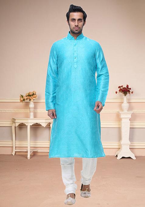 Firozi Blue Embroidered Silk Kurta Set For Men