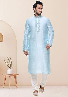 Sky Blue Embroidered Silk Kurta Set For Men