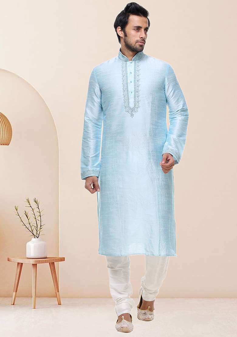 Sky Blue Embroidered Silk Blend Kurta Set For Men - Indya