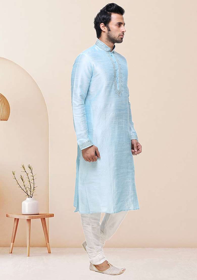 Sky Blue Embroidered Silk Blend Kurta Set For Men - Indya