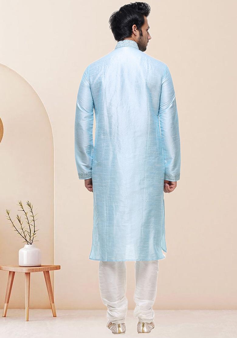 Sky Blue Embroidered Silk Kurta Set For Men