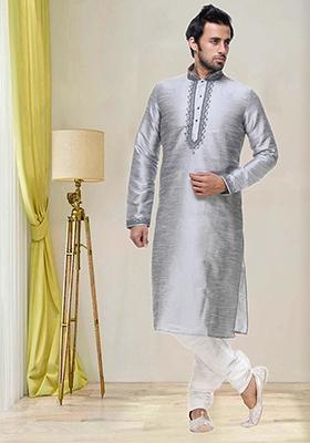 Grey Embroidered Silk Kurta Set For Men