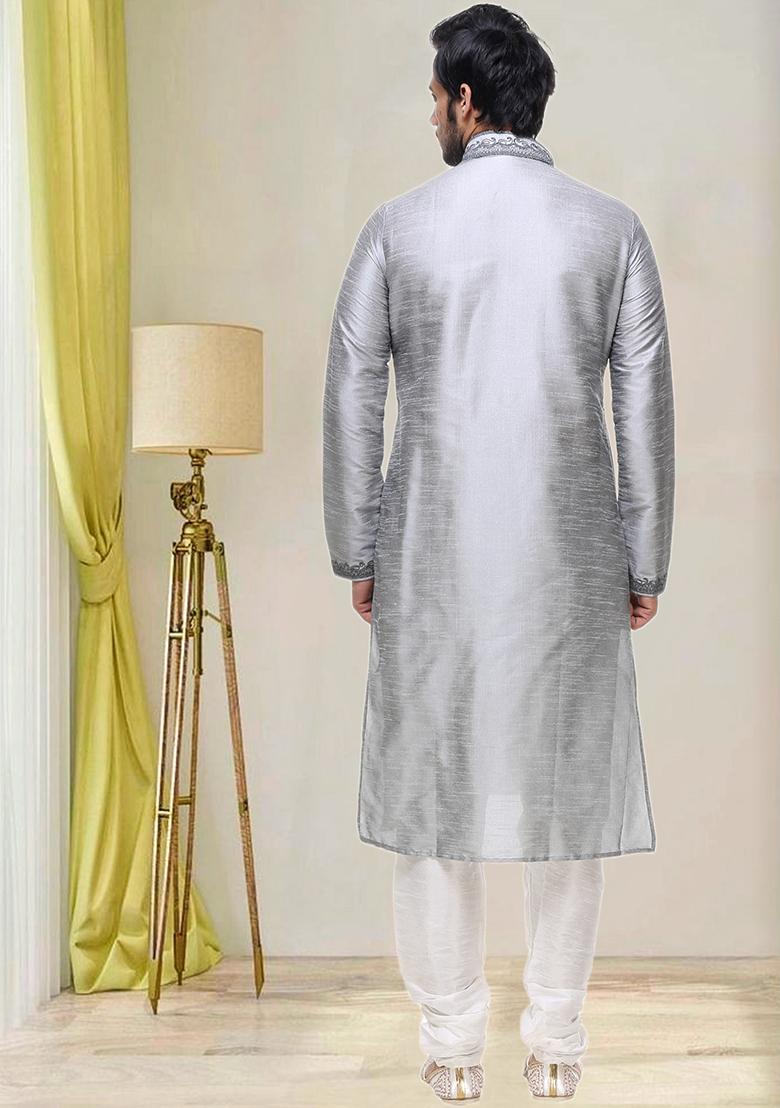 Grey Embroidered Silk Kurta Set For Men
