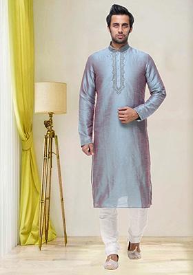 Grey Embroidered Silk Kurta Set For Men