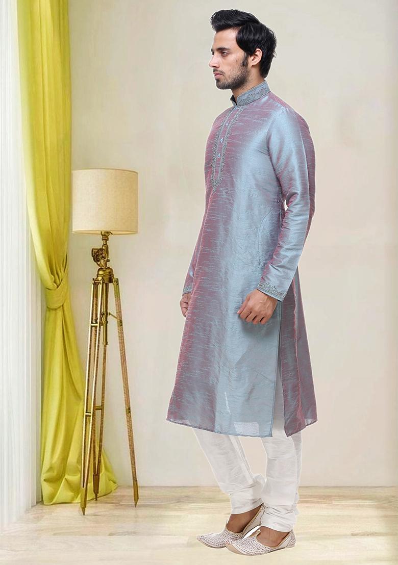 Grey Embroidered Silk Kurta Set For Men