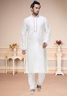 Off White Embroidered Silk Kurta Set For Men