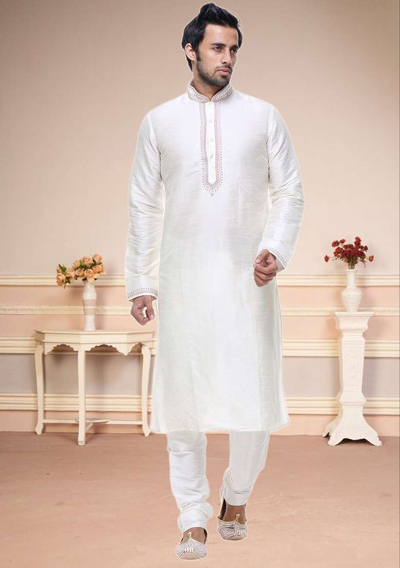 Off White Embroidered Silk Blend Kurta Set For Men - Indya