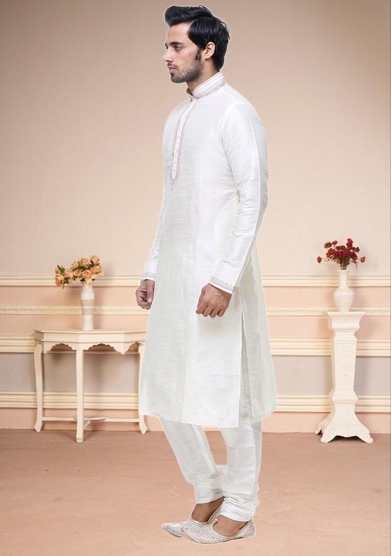 Off White Embroidered Silk Kurta Set For Men