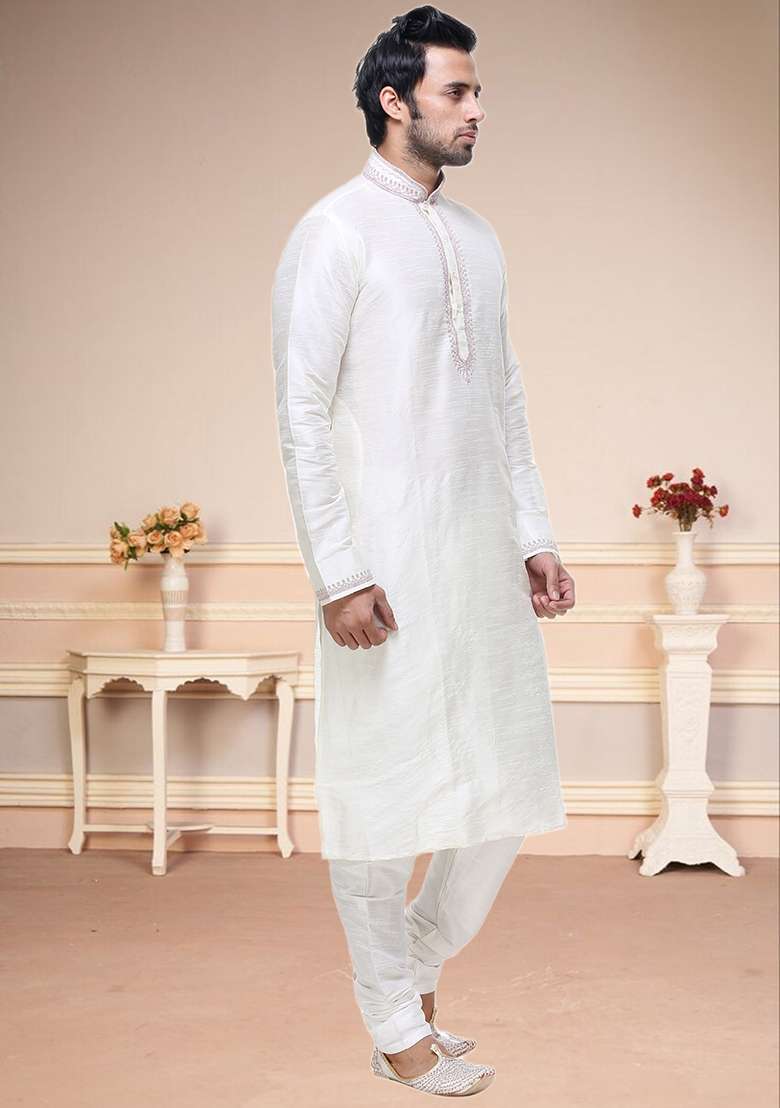 Off White Embroidered Silk Blend Kurta Set For Men - Indya