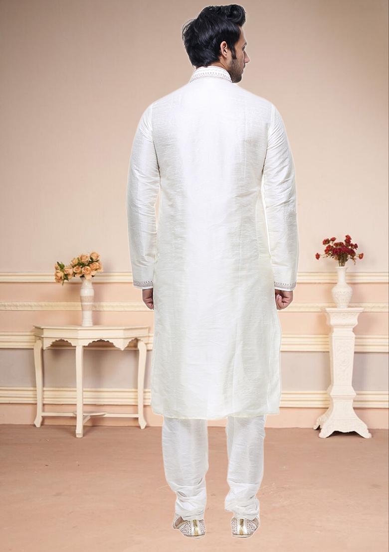 Off White Embroidered Silk Kurta Set For Men