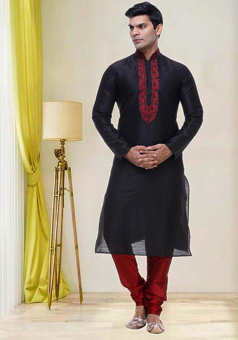 Black Embroidered Silk Kurta Set For Men