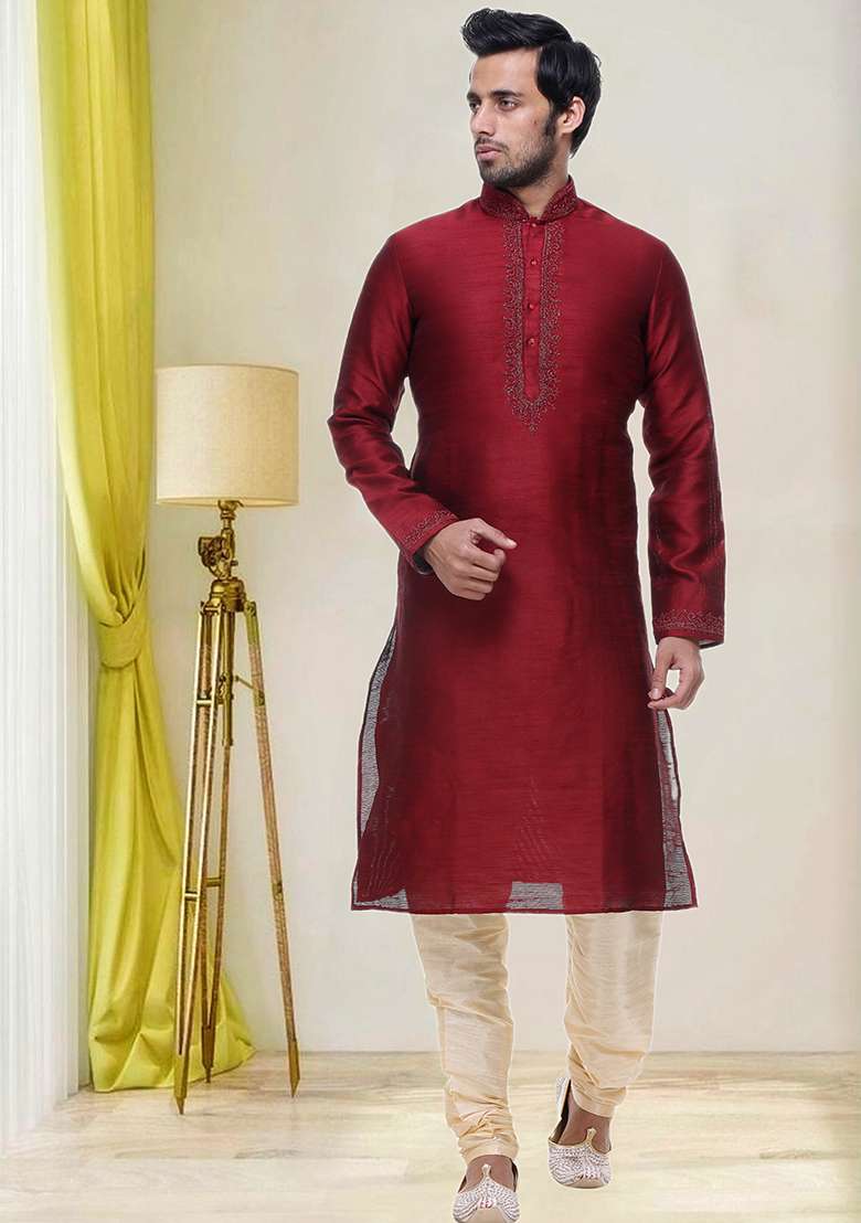 Maroon Embroidered Silk Blend Kurta Set For Men - Indya