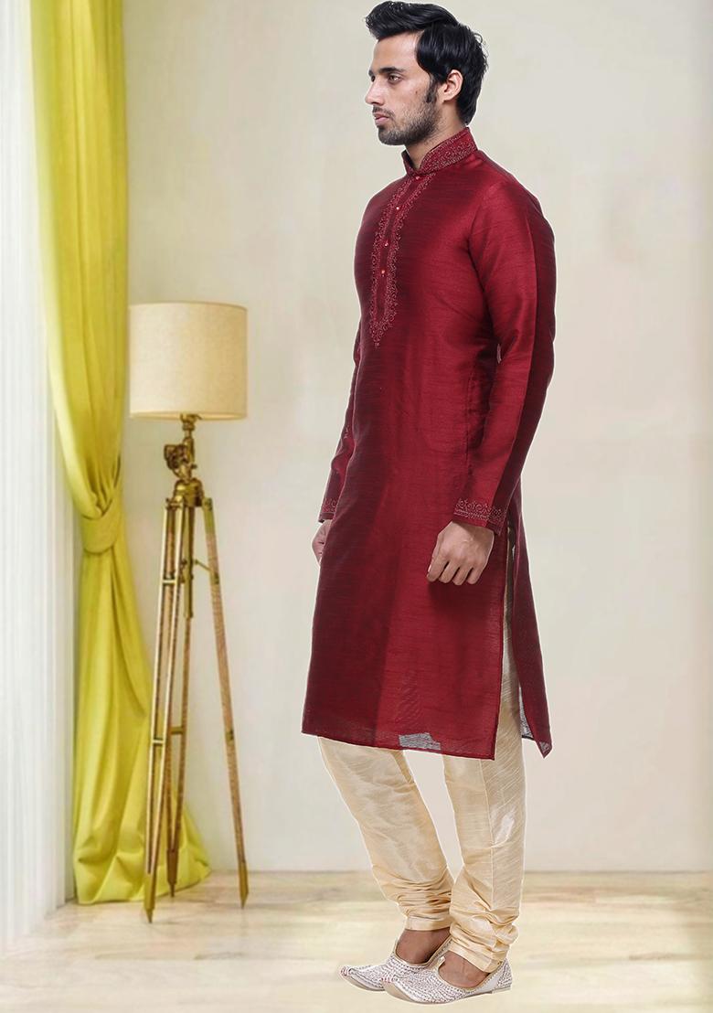 Maroon Embroidered Silk Kurta Set For Men