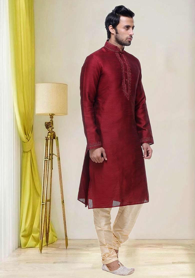 Maroon Embroidered Silk Blend Kurta Set For Men - Indya