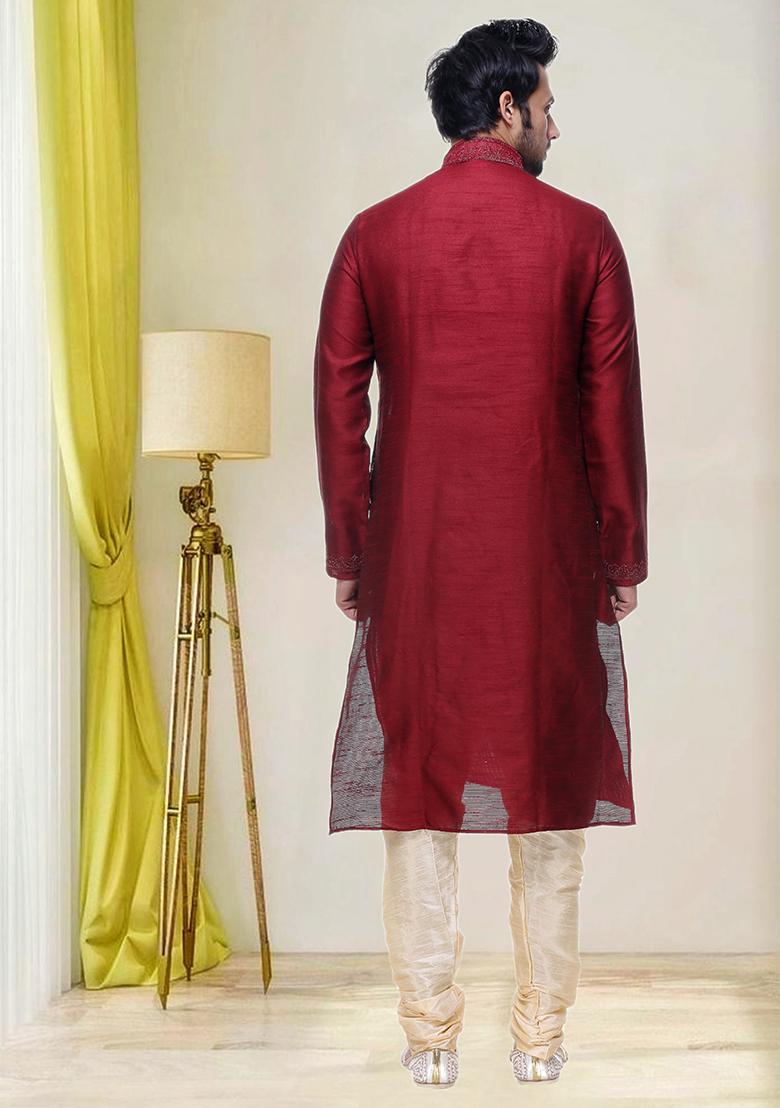 Maroon Embroidered Silk Kurta Set For Men