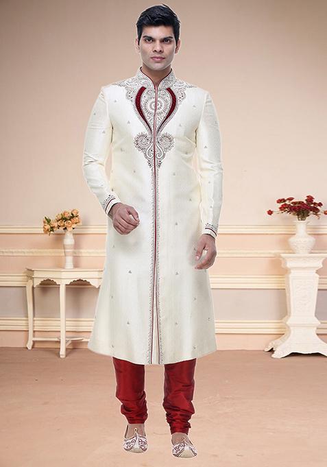 Cream Embroidered Brocade Kurta Set For Men