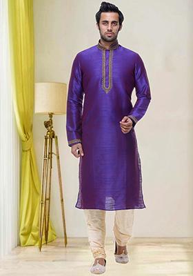Purple Embroidered Silk Kurta Set For Men