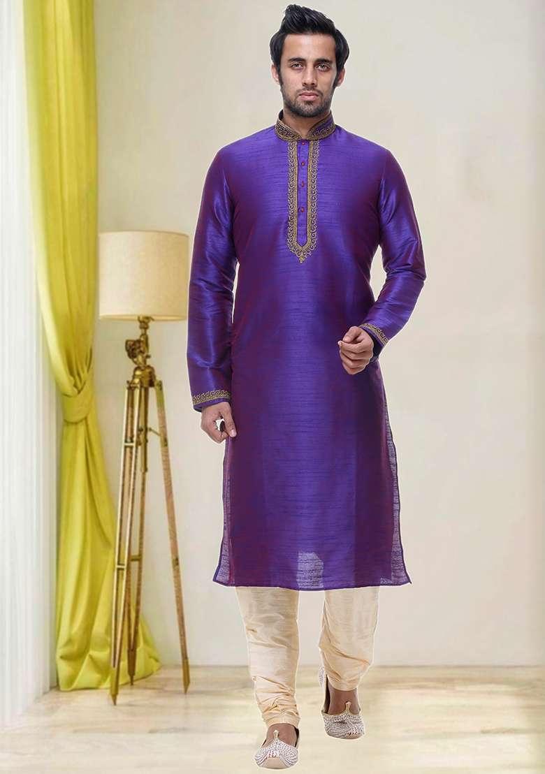 Purple Embroidered Silk Blend Kurta Set For Men - Indya