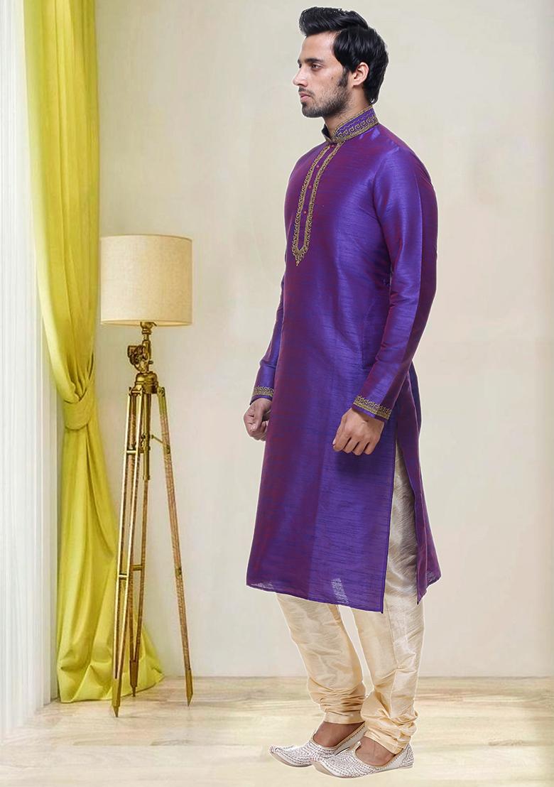 Purple Embroidered Silk Kurta Set For Men