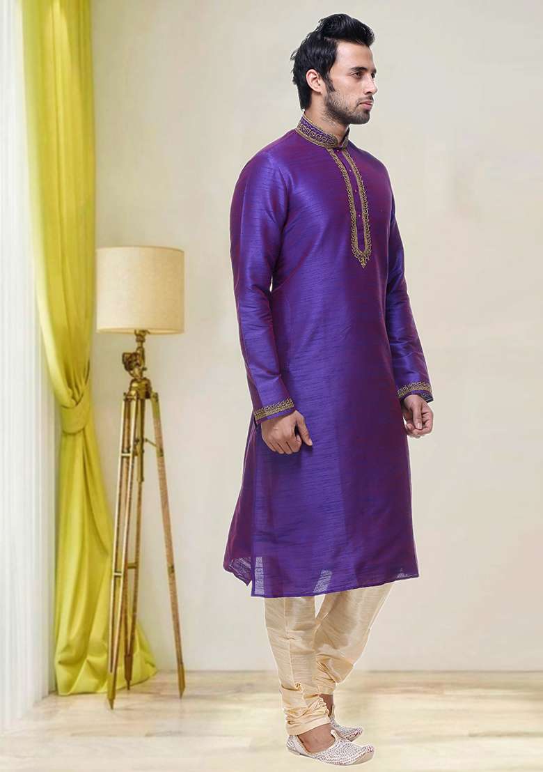 Purple Embroidered Silk Blend Kurta Set For Men - Indya