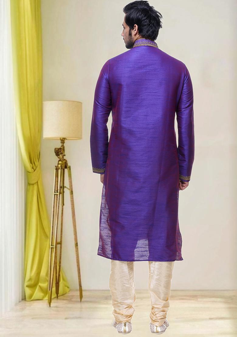 Purple Embroidered Silk Kurta Set For Men