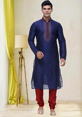 Purple Embroidered Silk Kurta Set For Men