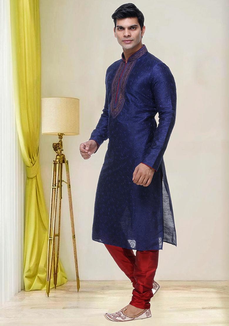Purple Embroidered Silk Kurta Set For Men
