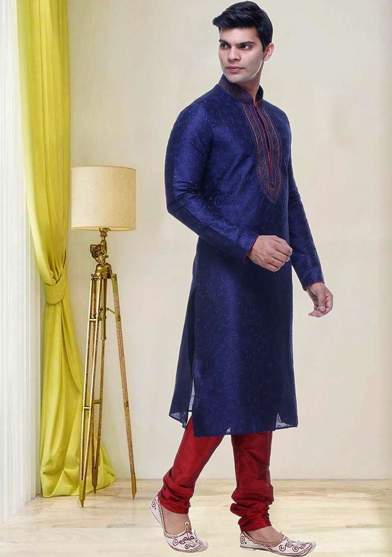 Purple Embroidered Silk Blend Kurta Set For Men - Indya