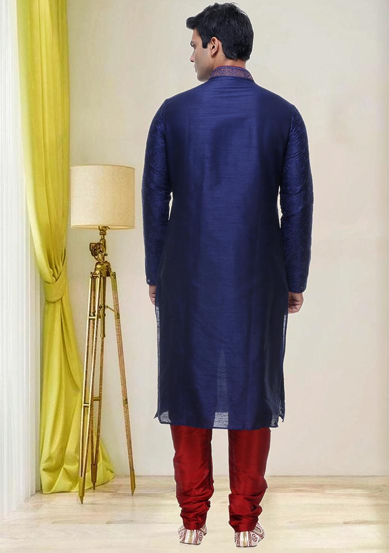 Purple Embroidered Silk Kurta Set For Men