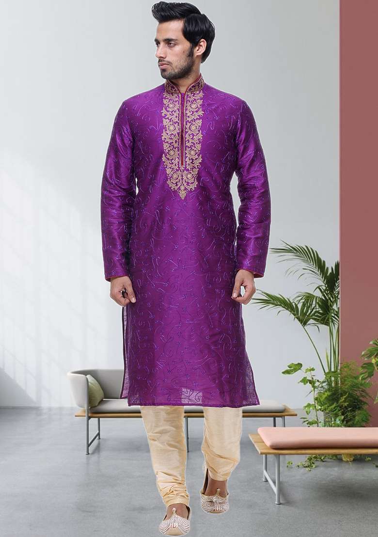 Pink Embroidered Silk Blend Kurta Set For Men - Indya