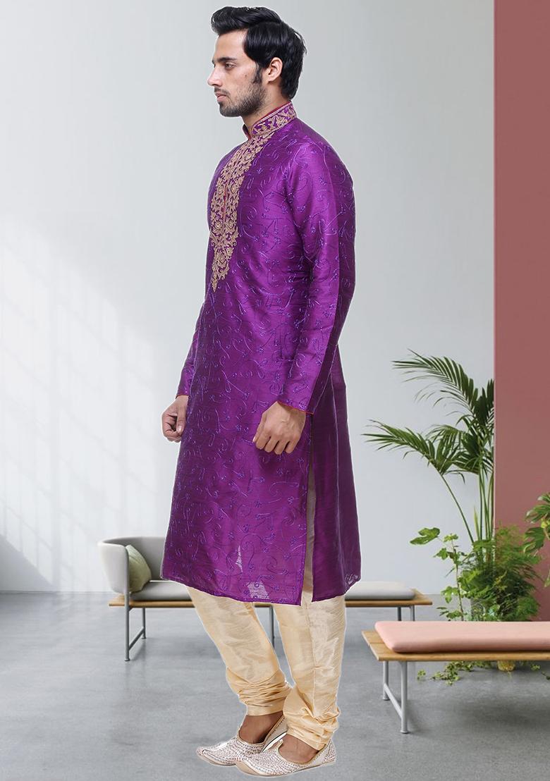 Pink Embroidered Silk Kurta Set For Men
