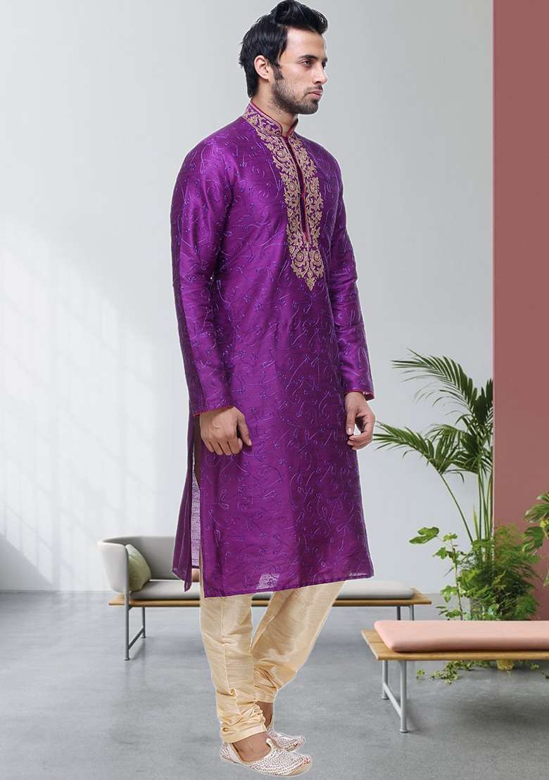 Pink Embroidered Silk Blend Kurta Set For Men - Indya