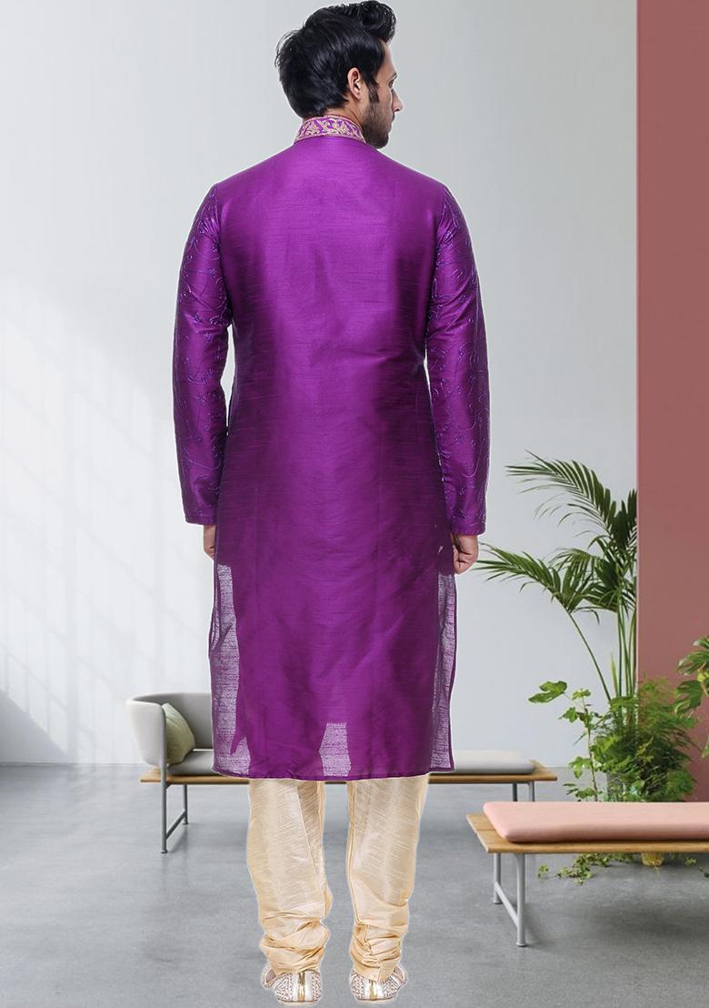 Pink Embroidered Silk Kurta Set For Men