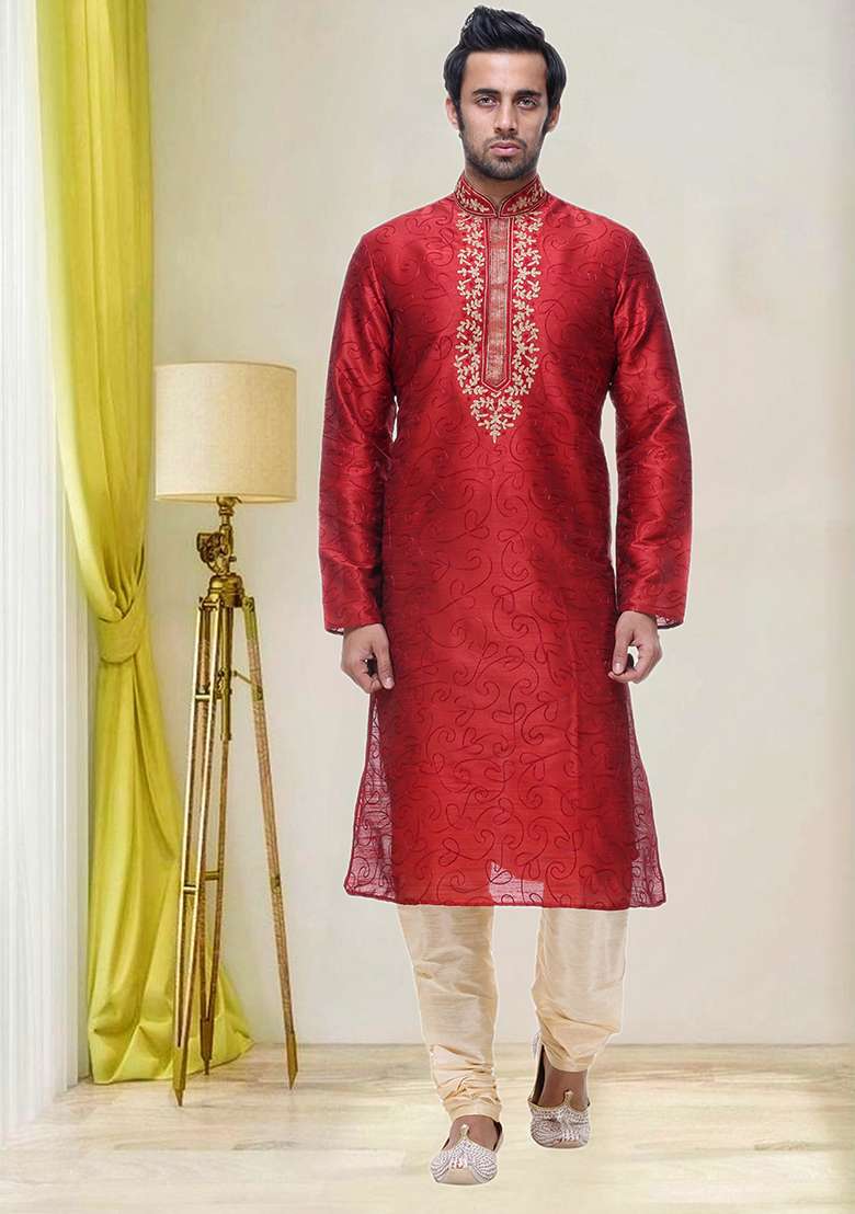 Red Embroidered Silk Blend Kurta Set For Men - Indya