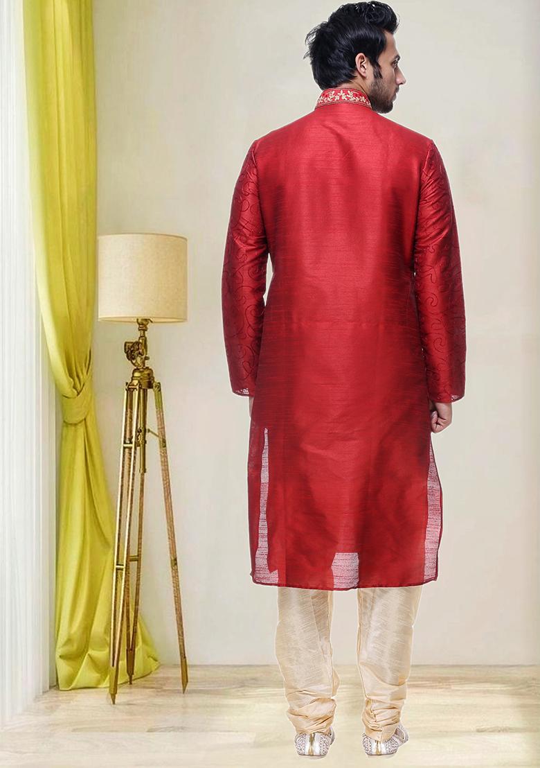 Red Embroidered Silk Kurta Set For Men
