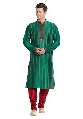 Green Embroidered Silk Kurta Set For Men