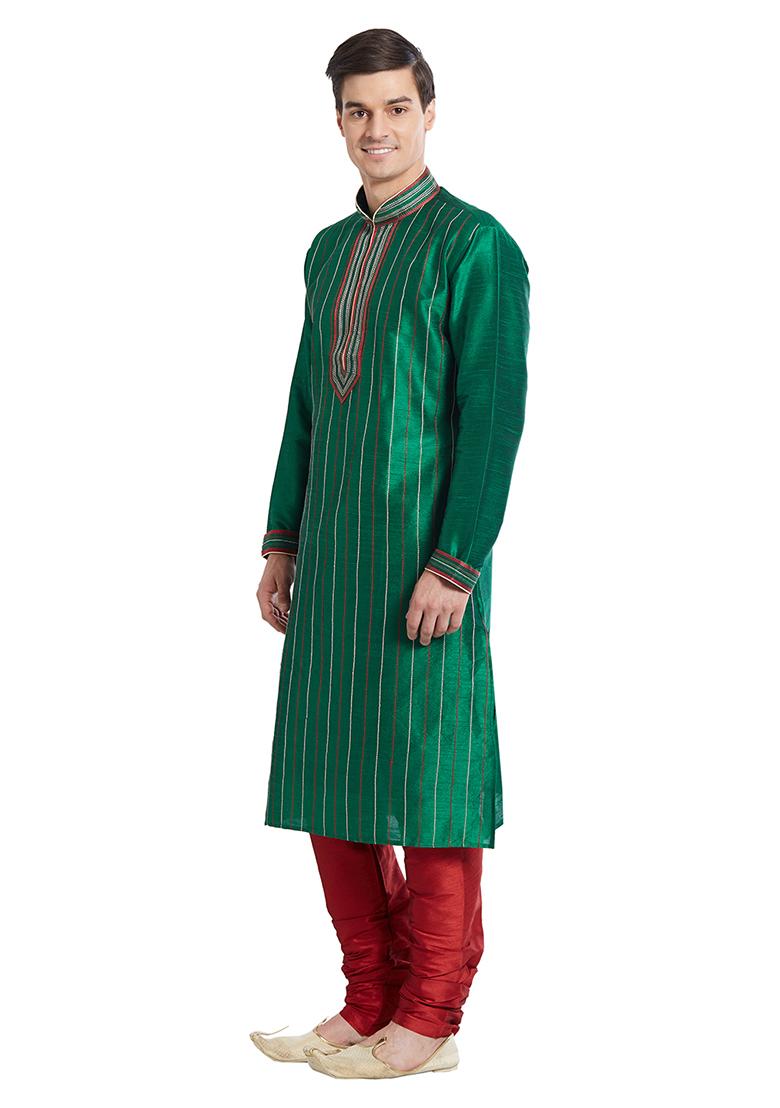 Green Embroidered Silk Kurta Set For Men