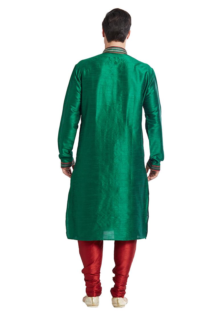 Green Embroidered Silk Kurta Set For Men