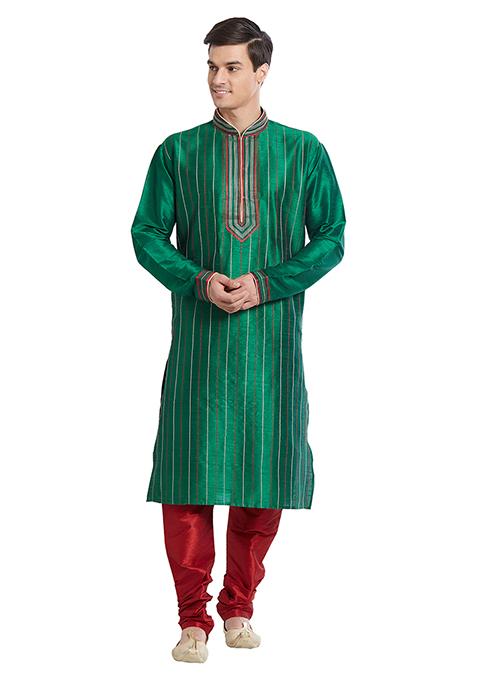 Green Embroidered Silk Kurta Set For Men