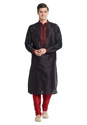 Black Embroidered Silk Kurta Set For Men