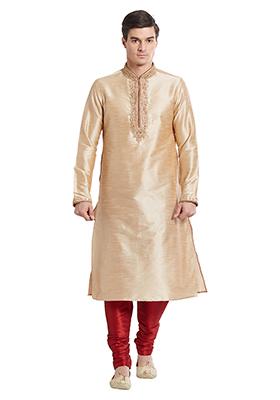 Fawn Yellow Embroidered Silk Kurta Set For Men
