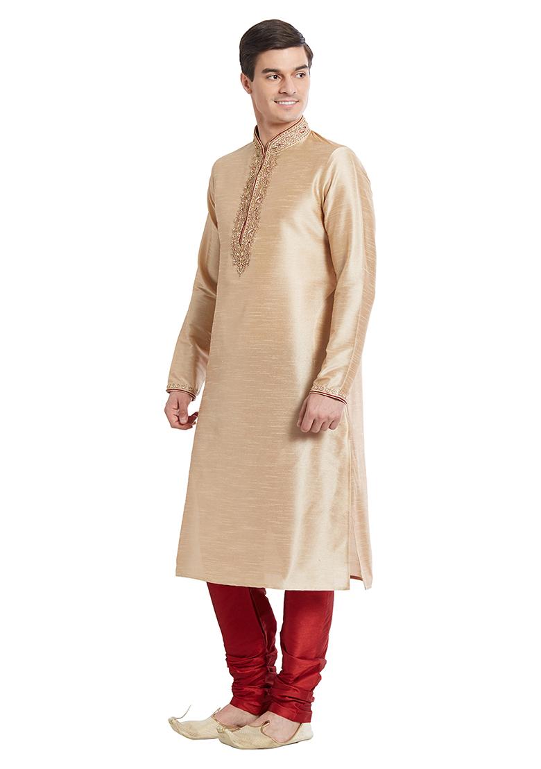 Fawn Yellow Embroidered Silk Kurta Set For Men