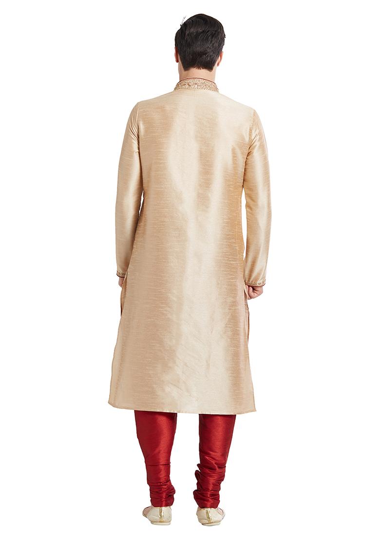 Fawn Yellow Embroidered Silk Kurta Set For Men