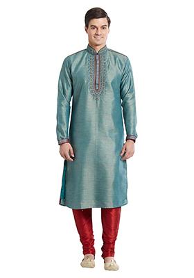 Green Embroidered Silk Kurta Set For Men