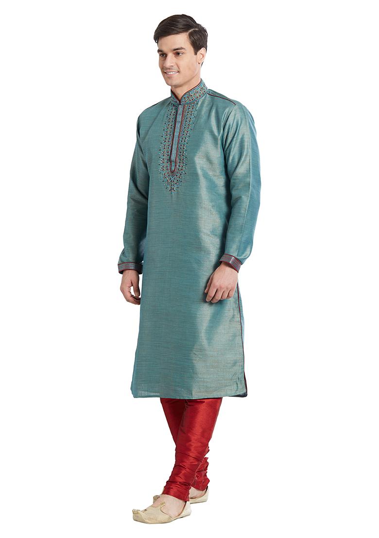 Green Embroidered Silk Kurta Set For Men