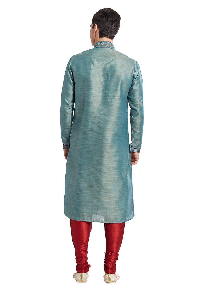 Green Embroidered Silk Kurta Set For Men
