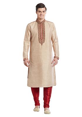 Fawn Yellow Embroidered Silk Kurta Set For Men