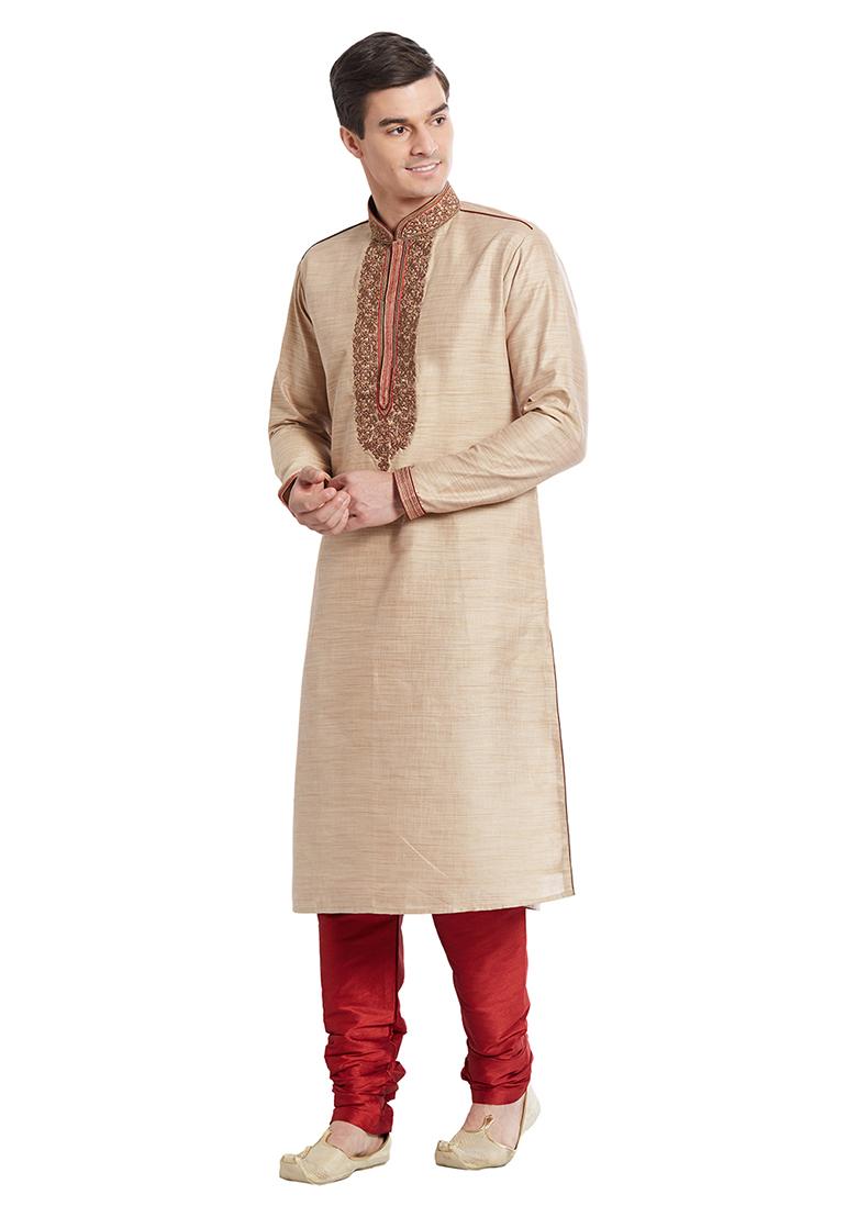 Fawn Yellow Embroidered Silk Kurta Set For Men