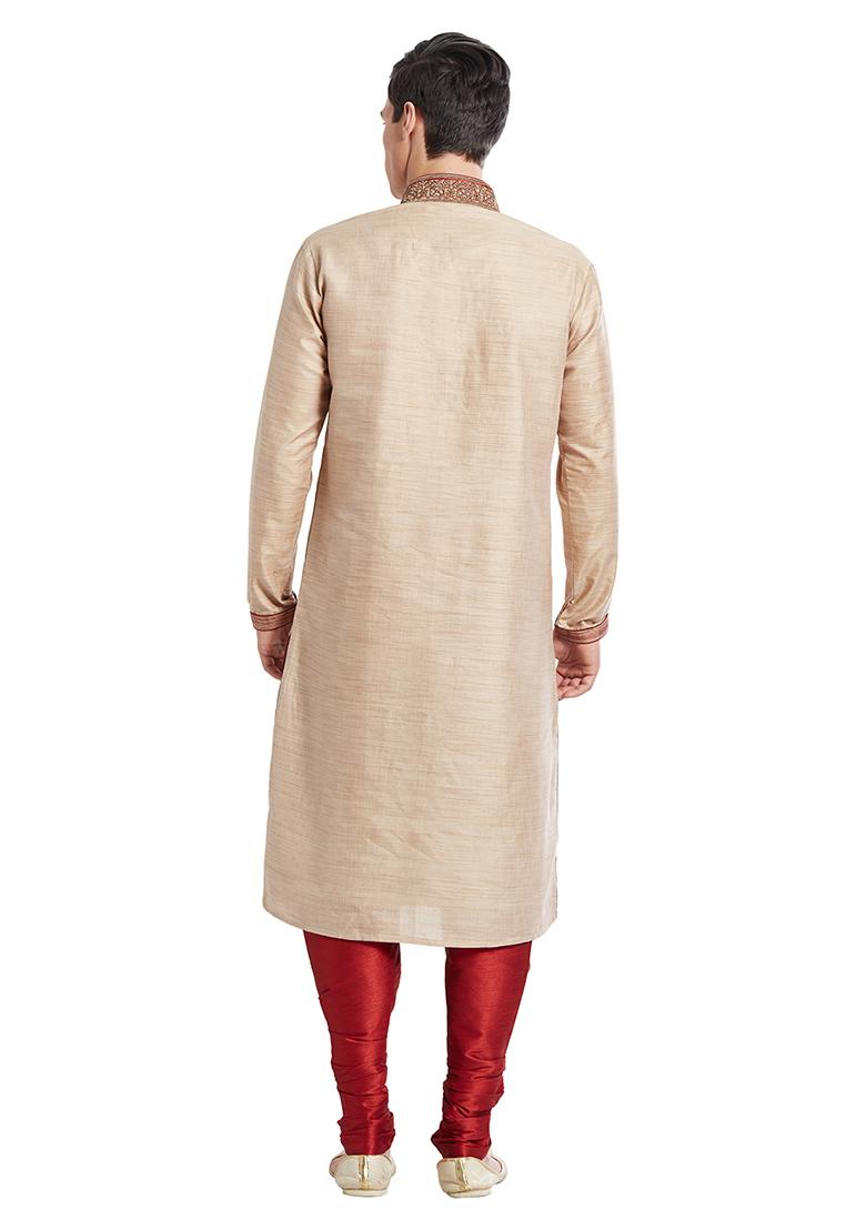 Fawn Yellow Embroidered Silk Kurta Set For Men